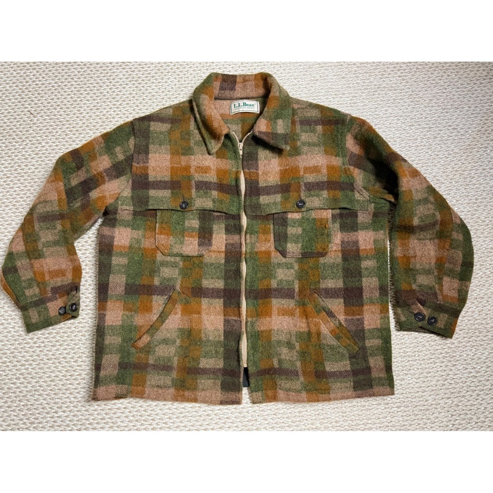 Vintage LL Bean Wool green Plaid  hunting Jacket 60's 70's rustic cabin zip LG